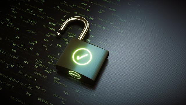 Open lock with a checkmark on it against a digital screen background