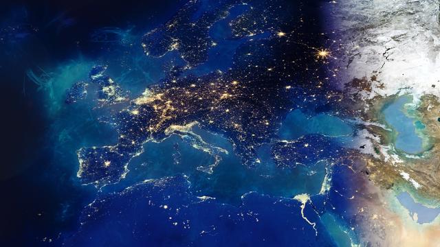 Satellite view of Europe at night showing lights in populated areas