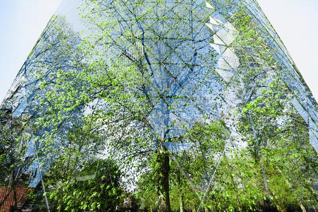 UK, London, digital composite of trees and city skyscrapers in the financial district