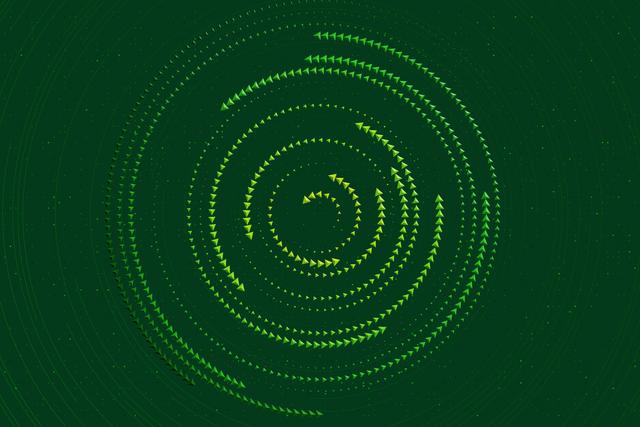 Spiraling arcs of green triangles on a green background