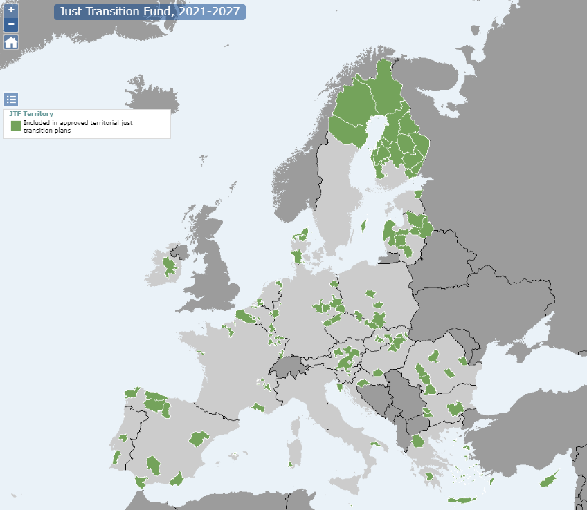 Map of Europe showing the regions eligible for the Just Transition Fund that have approved Territorial Just Transition Plans